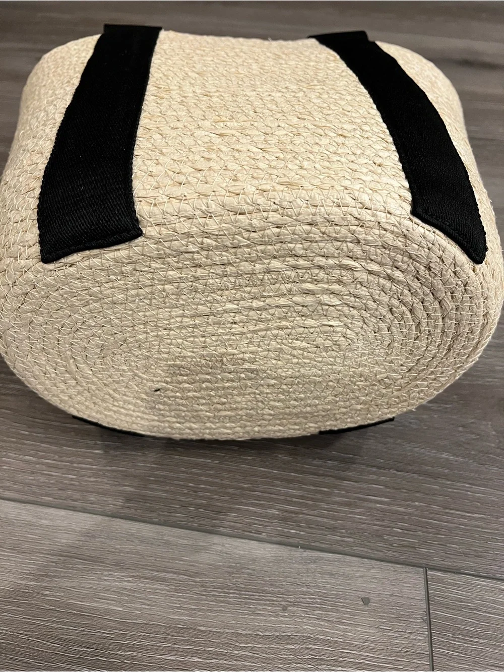 Straw Rope Woven Market Basket Tote w/ Black Handles. 12” tall x 15.5” wide.